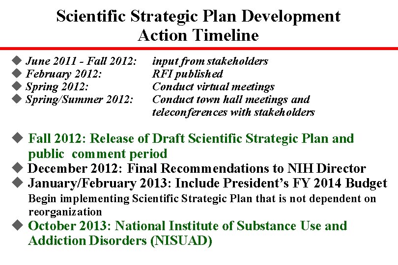 Scientific Strategic Plan Development Action Timeline u June 2011 - Fall 2012: u February