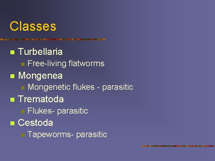 Classes n Turbellaria n n Mongenetic flukes - parasitic Trematoda n n Free-living flatworms
