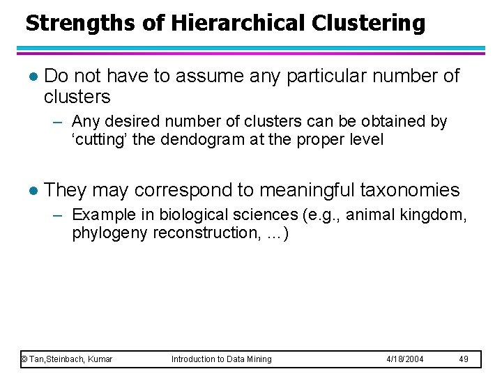 Strengths of Hierarchical Clustering l Do not have to assume any particular number of