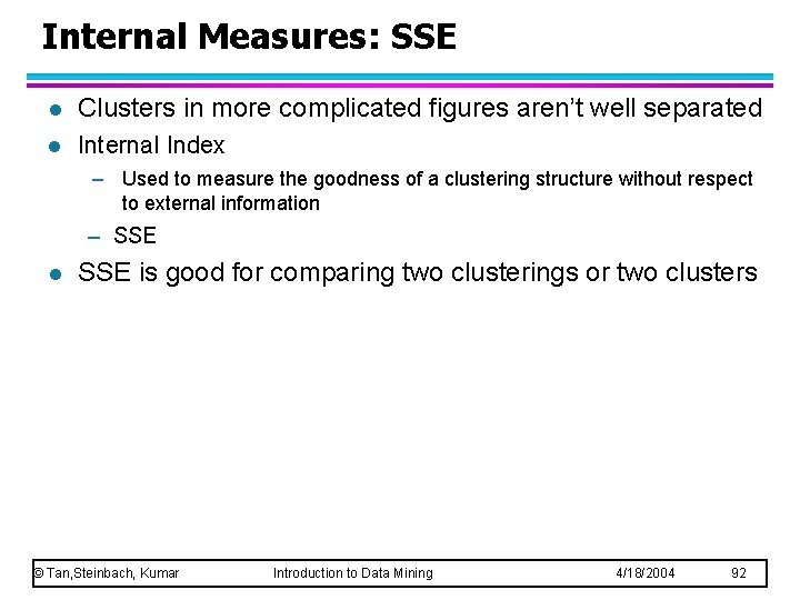 Internal Measures: SSE l Clusters in more complicated figures aren’t well separated l Internal