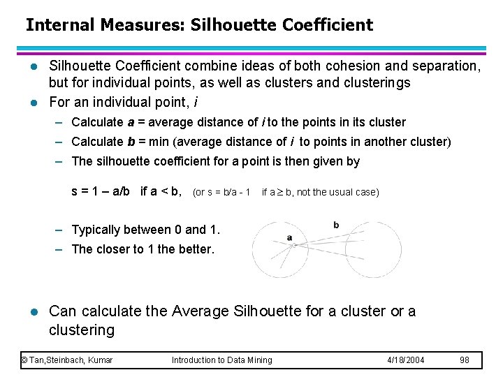 Internal Measures: Silhouette Coefficient l l Silhouette Coefficient combine ideas of both cohesion and