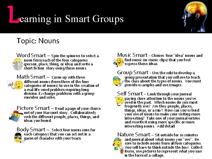 L earning in Smart Groups Topic: Nouns Word Smart – Spin the spinners to