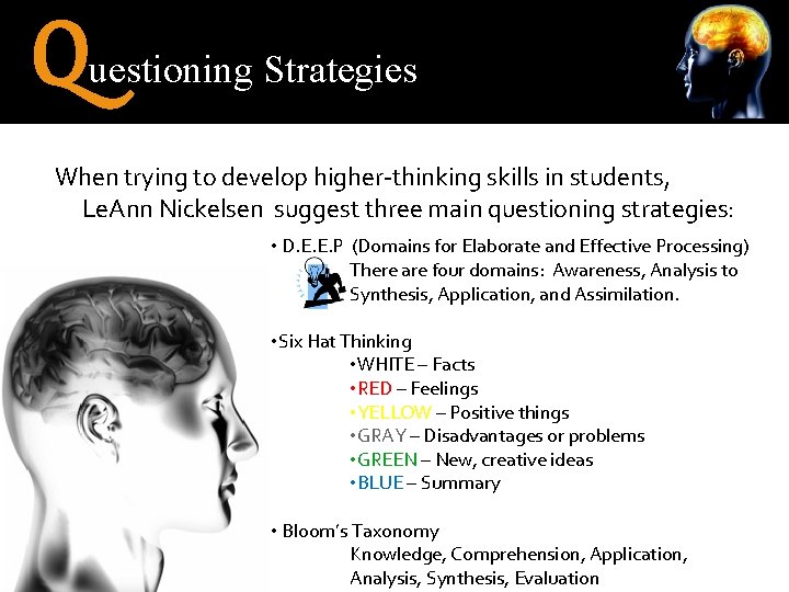 Q uestioning Strategies When trying to develop higher-thinking skills in students, Le. Ann Nickelsen