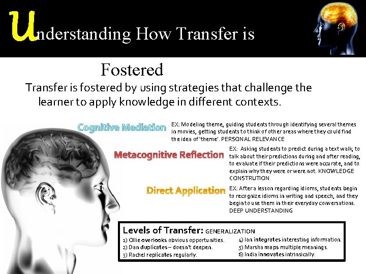 U nderstanding How Transfer is Fostered Transfer is fostered by using strategies that challenge