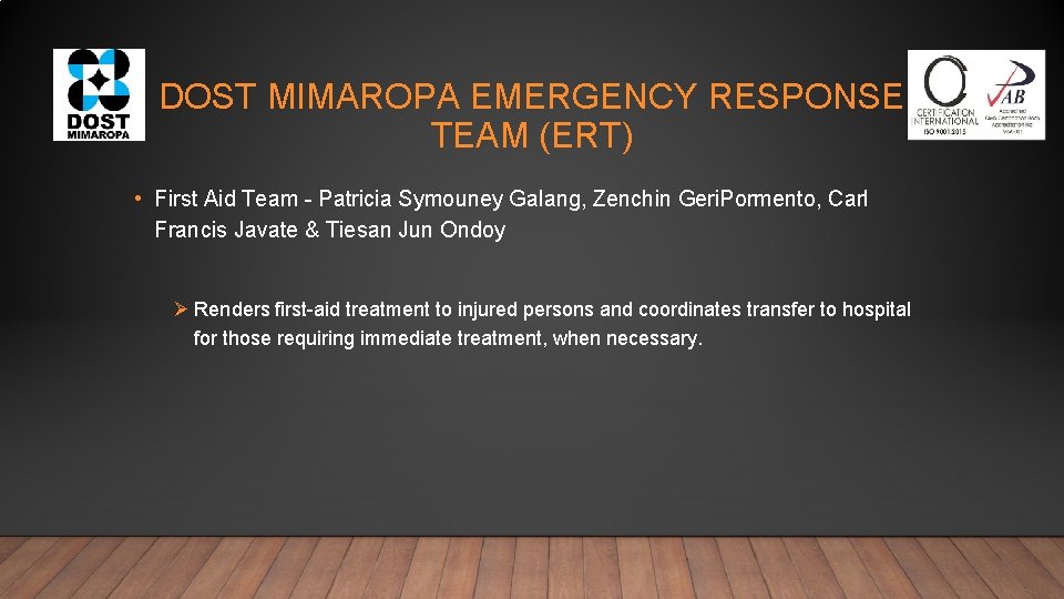 DOST MIMAROPA EMERGENCY RESPONSE TEAM (ERT) • First Aid Team - Patricia Symouney Galang, DOST MIMAROPA EMERGENCY RESPONSE TEAM (ERT) • First Aid Team - Patricia Symouney Galang,
