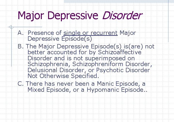 Major Depressive Disorder A. Presence of single or recurrent Major Depressive Episode(s) B. The