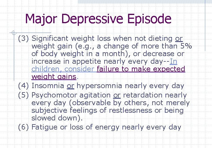 Major Depressive Episode (3) Significant weight loss when not dieting or weight gain (e.