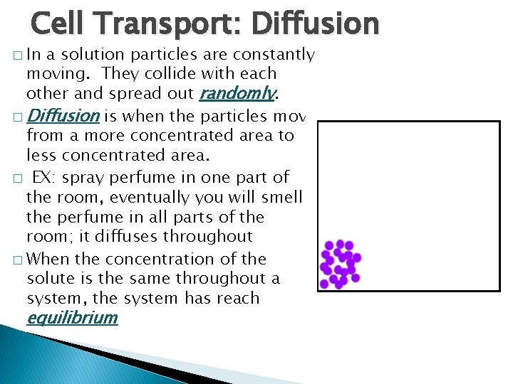 Cell Transport: Diffusion � In a solution particles are constantly moving. They collide with