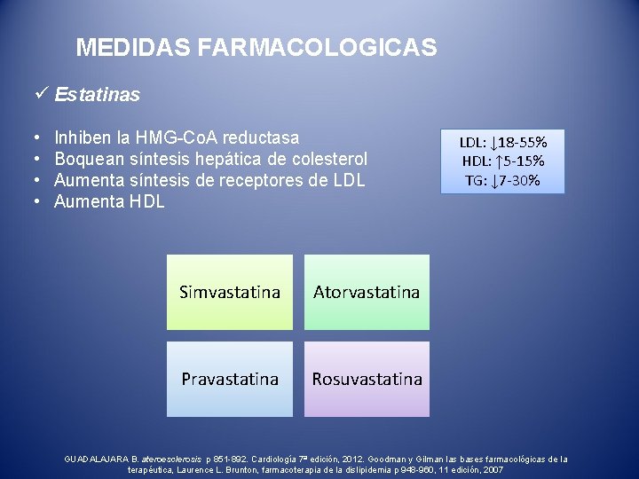 MEDIDAS FARMACOLOGICAS ü Estatinas • • Inhiben la HMG-Co. A reductasa Boquean síntesis hepática