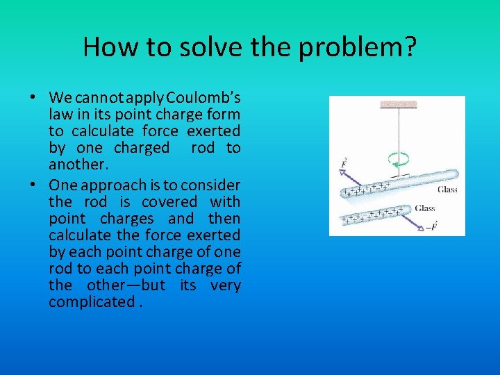 How to solve the problem? • We cannot apply Coulomb’s law in its point