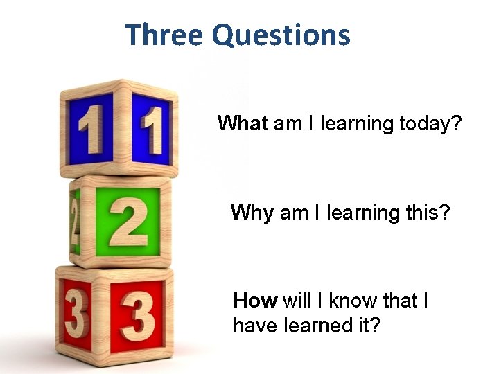 Three Questions What am I learning today? Why am I learning this? How will