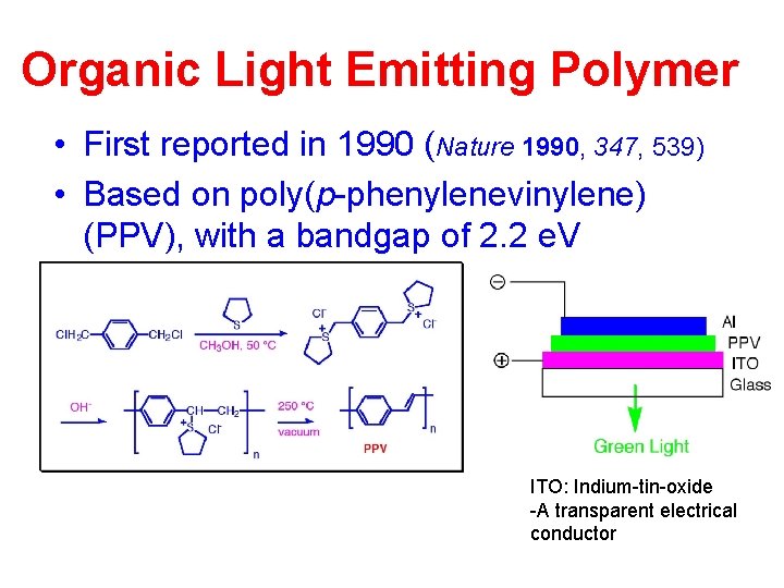 Organic Light Emitting Polymer • First reported in 1990 (Nature 1990, 347, 539) •