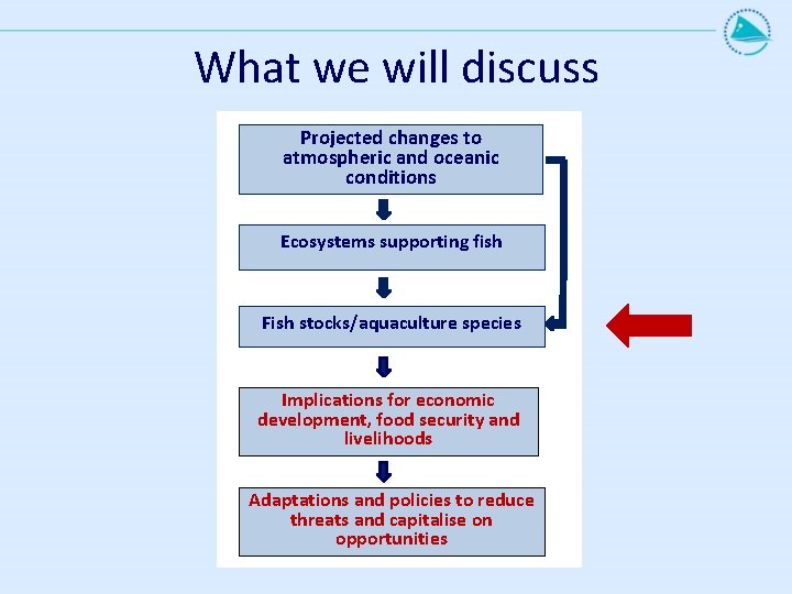 What we will discuss Projected changes to atmospheric and oceanic conditions Ecosystems supporting fish