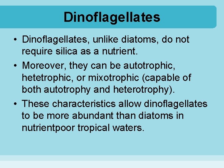 Dinoflagellates • Dinoflagellates, unlike diatoms, do not require silica as a nutrient. • Moreover,