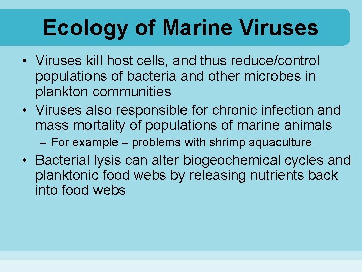 Ecology of Marine Viruses • Viruses kill host cells, and thus reduce/control populations of