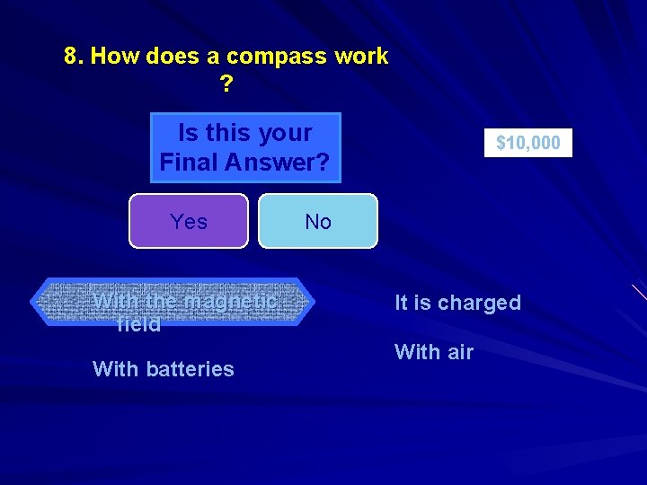 8. How does a compass work ? Is this your Final Answer? Yes With