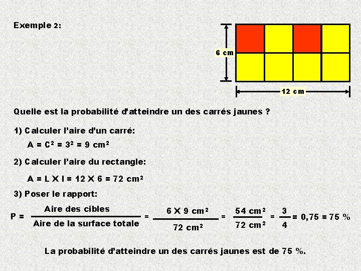 Exemple 2: 6 cm 12 cm Quelle est la probabilité d’atteindre un des carrés