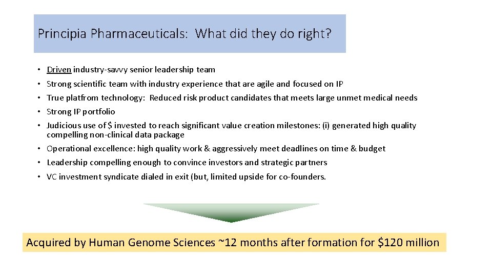 Principia Pharmaceuticals: What did they do right? • • • Driven industry-savvy senior leadership