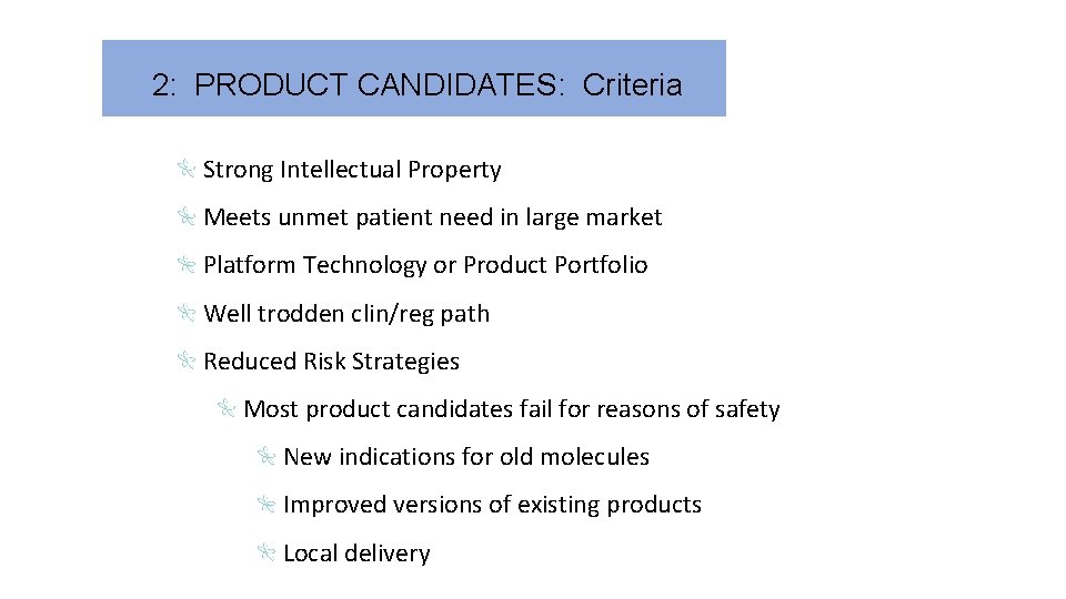 2: PRODUCT CANDIDATES: Criteria Strong Intellectual Property Meets unmet patient need in large market