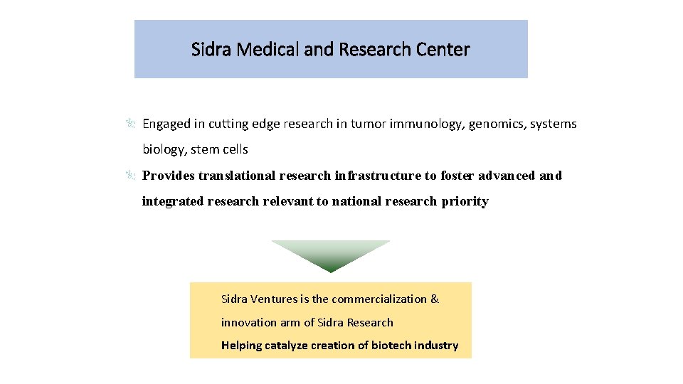 Sidra Medical and Research Center Engaged in cutting edge research in tumor immunology, genomics,