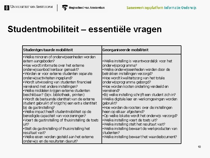 Studentmobiliteit – essentiële vragen Studentgestuurde mobiliteit Georganiseerde mobiliteit • Welke minoren of onderwijseenheden worden