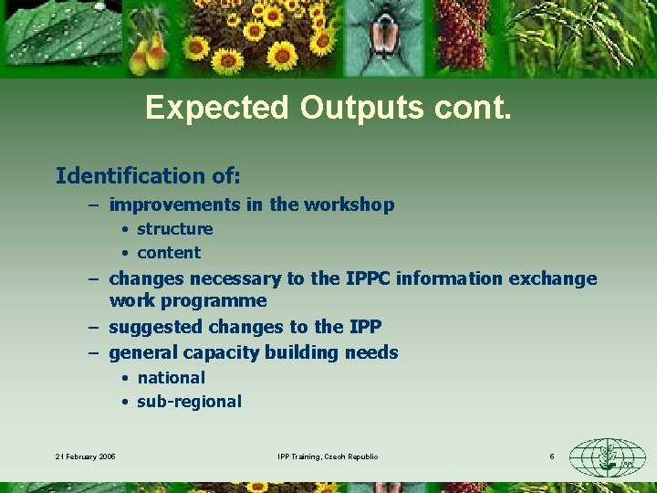 Expected Outputs cont. Identification of: – improvements in the workshop • structure • content
