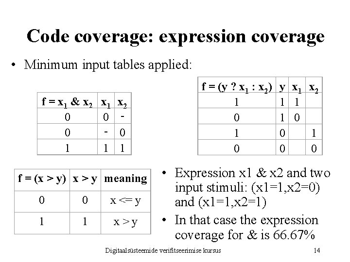 Code coverage: expression coverage • Minimum input tables applied: f = x 1 &