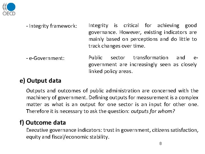 - Integrity framework: Integrity is critical for achieving good governance. However, existing indicators are