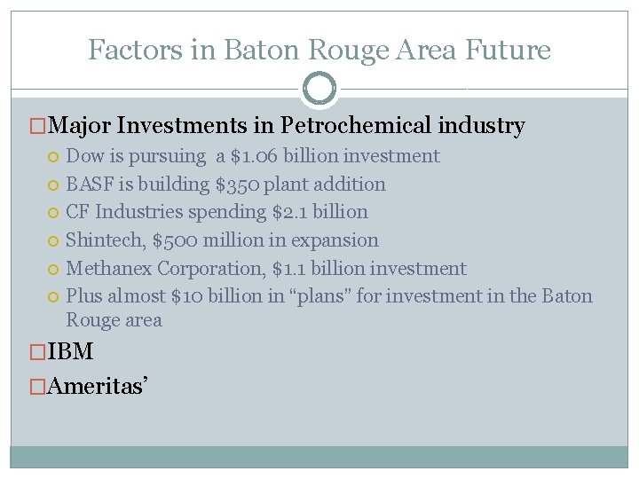 Factors in Baton Rouge Area Future �Major Investments in Petrochemical industry Dow is pursuing