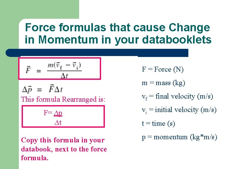 Force formulas that cause Change in Momentum in your databooklets F = Force (N)
