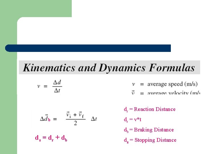 dr = Reaction Distance b ds = dr + d b dr = v*t
