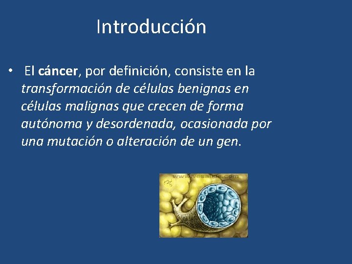 Introducción • El cáncer, por definición, consiste en la transformación de células benignas en