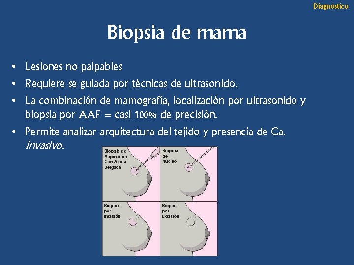 Diagnóstico Biopsia de mama • Lesiones no palpables • Requiere se guiada por técnicas