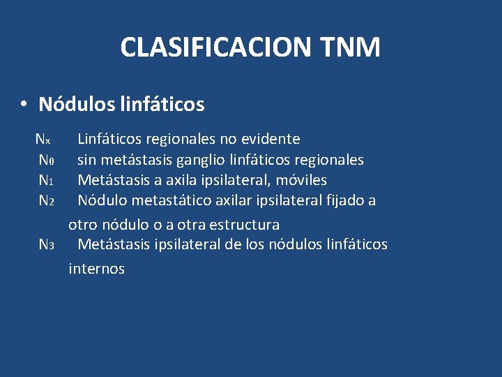 CLASIFICACION TNM • Nódulos linfáticos Nx N 0 N 1 N 2 N 3