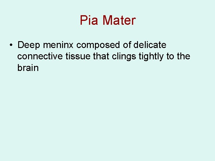 Pia Mater • Deep meninx composed of delicate connective tissue that clings tightly to