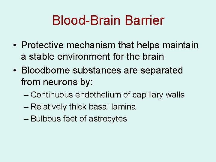 Blood-Brain Barrier • Protective mechanism that helps maintain a stable environment for the brain