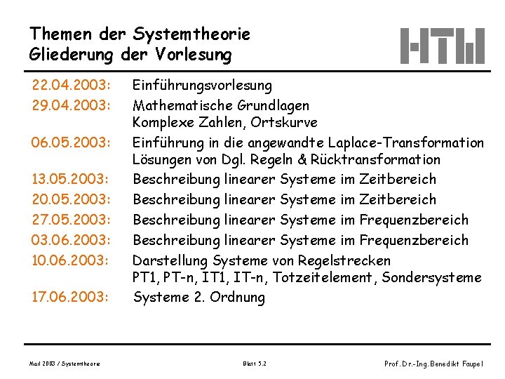 Themen der Systemtheorie Gliederung der Vorlesung 22. 04. 2003: 29. 04. 2003: 06. 05.