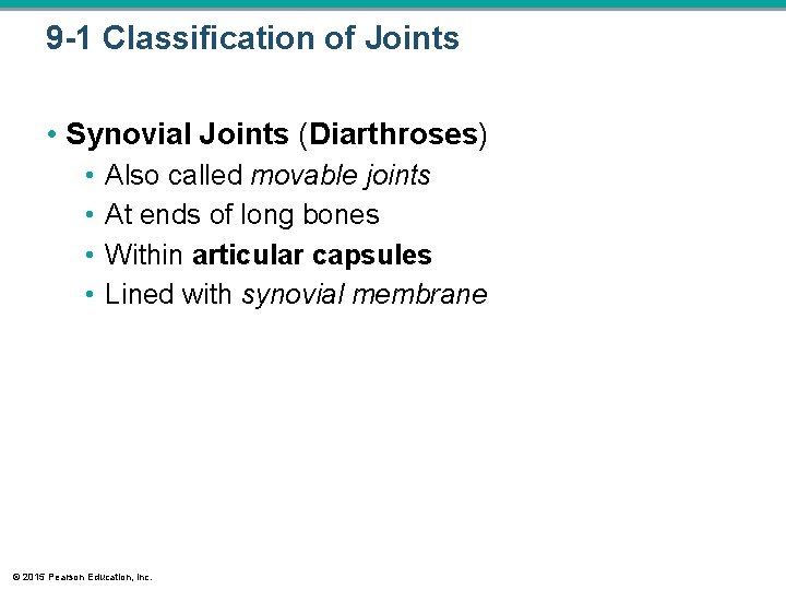 9 -1 Classification of Joints • Synovial Joints (Diarthroses) • • Also called movable 9 -1 Classification of Joints • Synovial Joints (Diarthroses) • • Also called movable