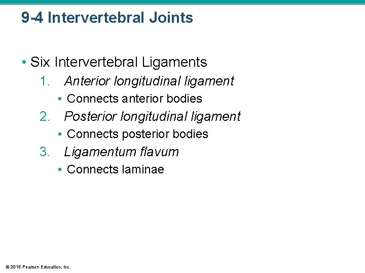 9 -4 Intervertebral Joints • Six Intervertebral Ligaments 1. Anterior longitudinal ligament • Connects 9 -4 Intervertebral Joints • Six Intervertebral Ligaments 1. Anterior longitudinal ligament • Connects