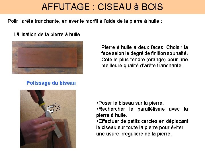 AFFUTAGE : CISEAU à BOIS Polir l’arête tranchante, enlever le morfil à l’aide de