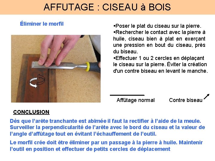 AFFUTAGE : CISEAU à BOIS Éliminer le morfil §Poser le plat du ciseau sur