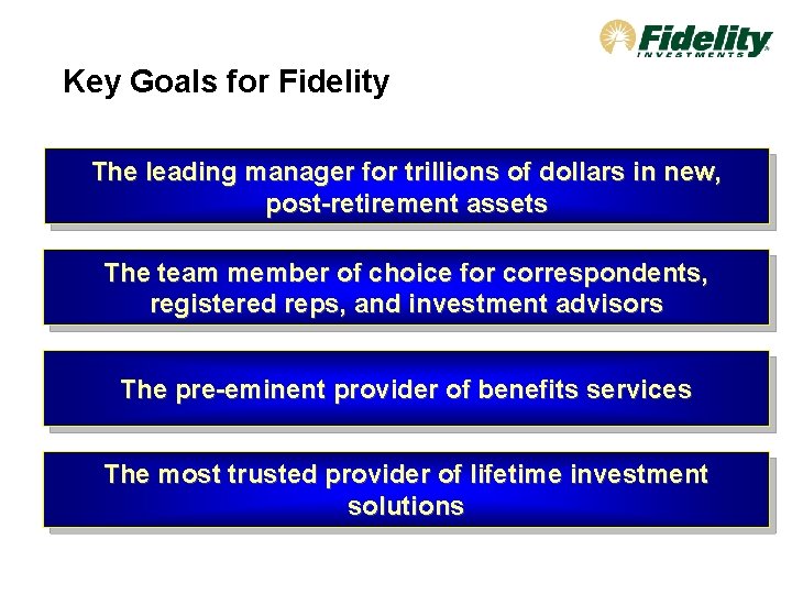 Key Goals for Fidelity The leading manager for trillions of dollars in new, post-retirement