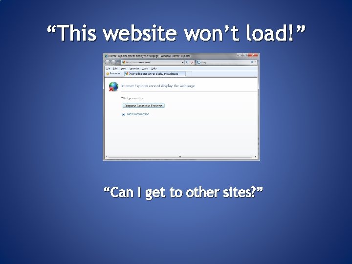 “This website won’t load!” “Can I get to other sites? ” 