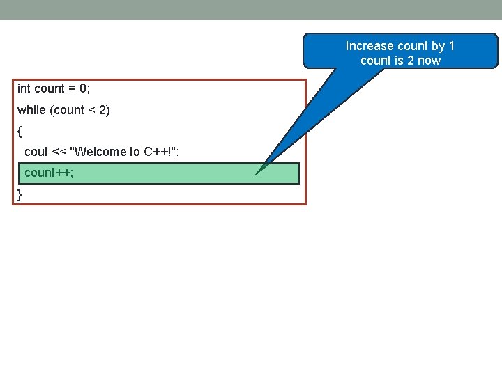 Increase count by 1 count is 2 now int count = 0; while (count Increase count by 1 count is 2 now int count = 0; while (count