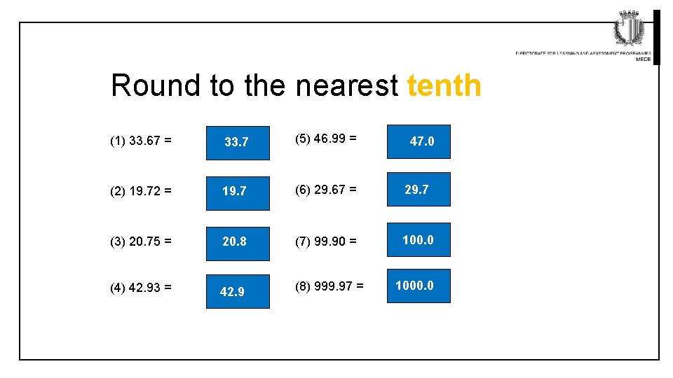Round to the nearest tenth (1) 33. 67 = 33. 7 (5) 46. 99