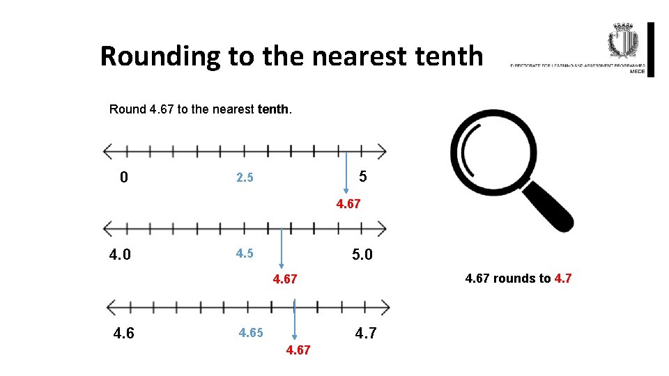 Rounding to the nearest tenth Round 4. 67 to the nearest tenth. 0 5