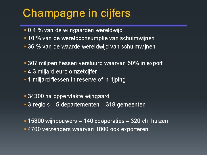 Champagne in cijfers § 0. 4 % van de wijngaarden wereldwijd § 10 %