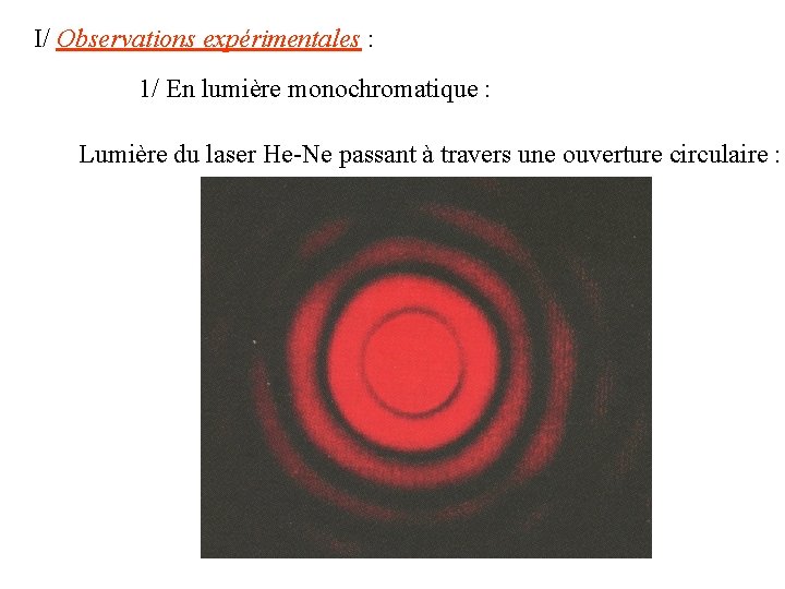 I/ Observations expérimentales : 1/ En lumière monochromatique : Lumière du laser He-Ne passant