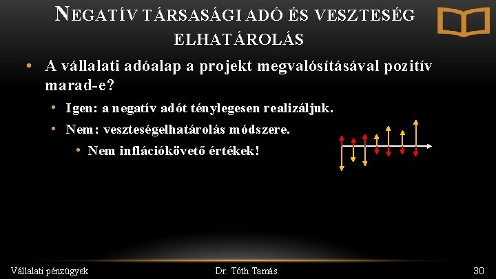 NEGATÍV TÁRSASÁGI ADÓ ÉS VESZTESÉG ELHATÁROLÁS • A vállalati adóalap a projekt megvalósításával pozitív