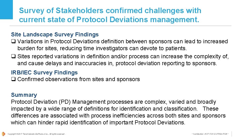 Survey of Stakeholders confirmed challenges with current state of Protocol Deviations management. Site Landscape Survey of Stakeholders confirmed challenges with current state of Protocol Deviations management. Site Landscape